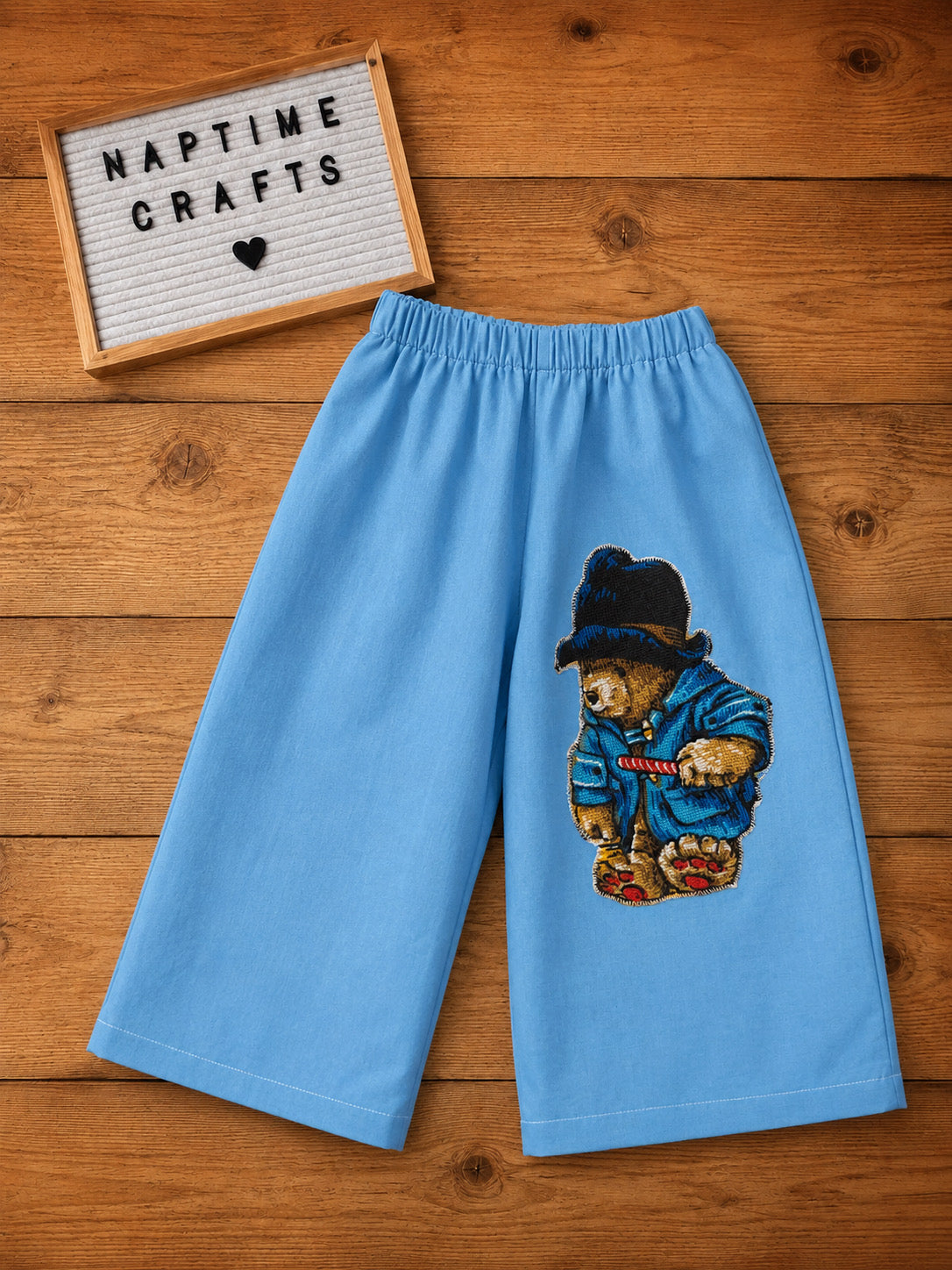 Handmade cotton wide leg trousers with Paddington patch detailing 💙 size 1-2 years