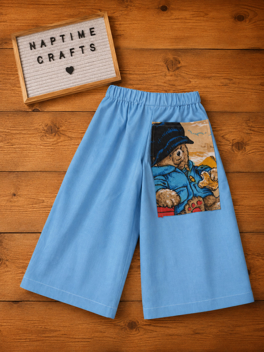 Handmade cotton wide leg trousers with Paddington patch detailing 💙 size 1-2 years