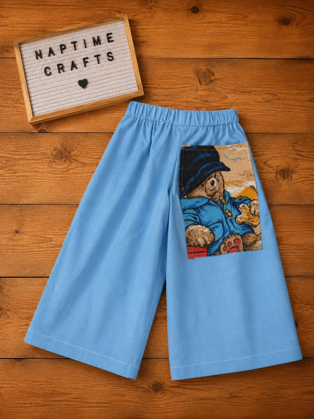 Handmade cotton wide leg trousers with Paddington patch detailing 💙 size 1-2 years